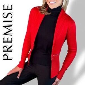 Premise Women's Red Open Front Cardigan Sweater Shawl Collar Gold Zip Medium NWT